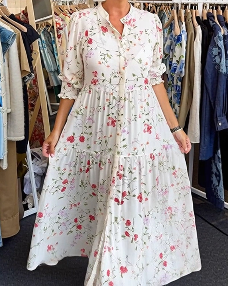 Stylish Floral Stand-Collar Dress
