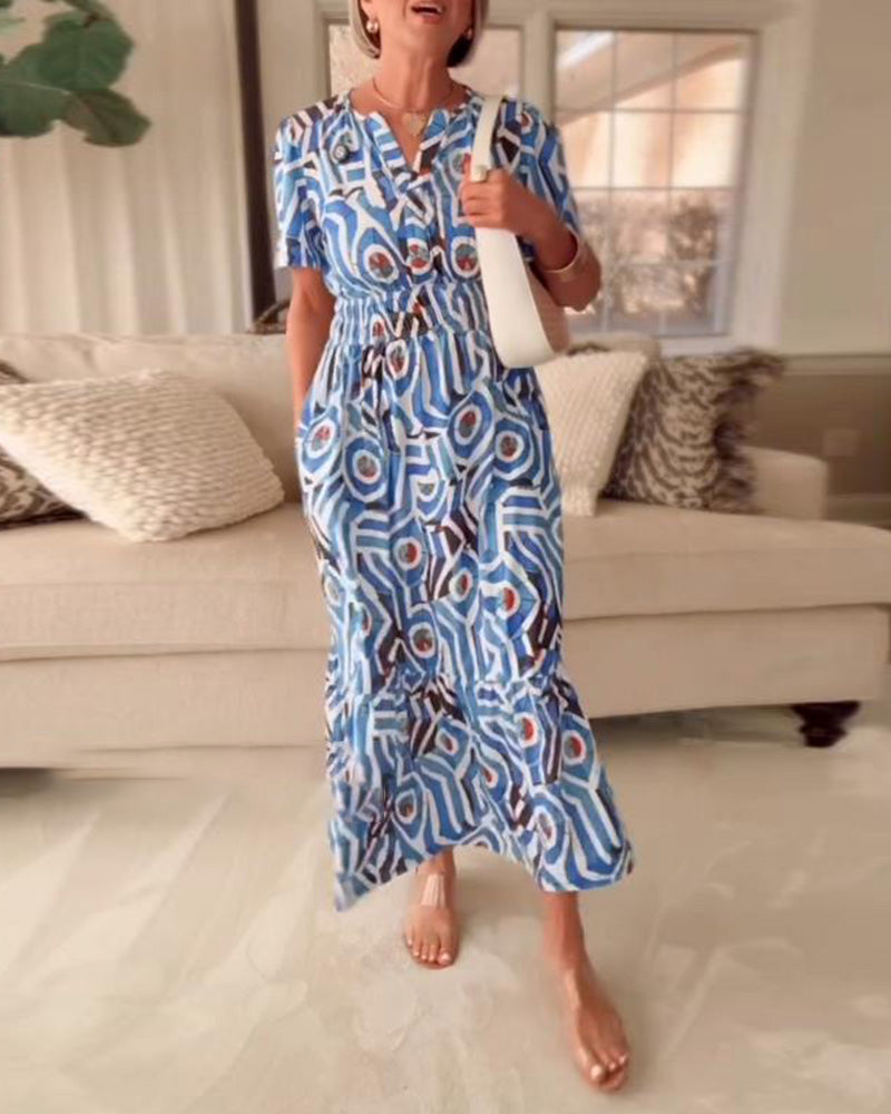 Printed Short Sleeve Waist Dress
