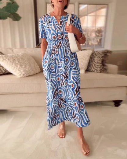 Printed Short Sleeve Waist Dress