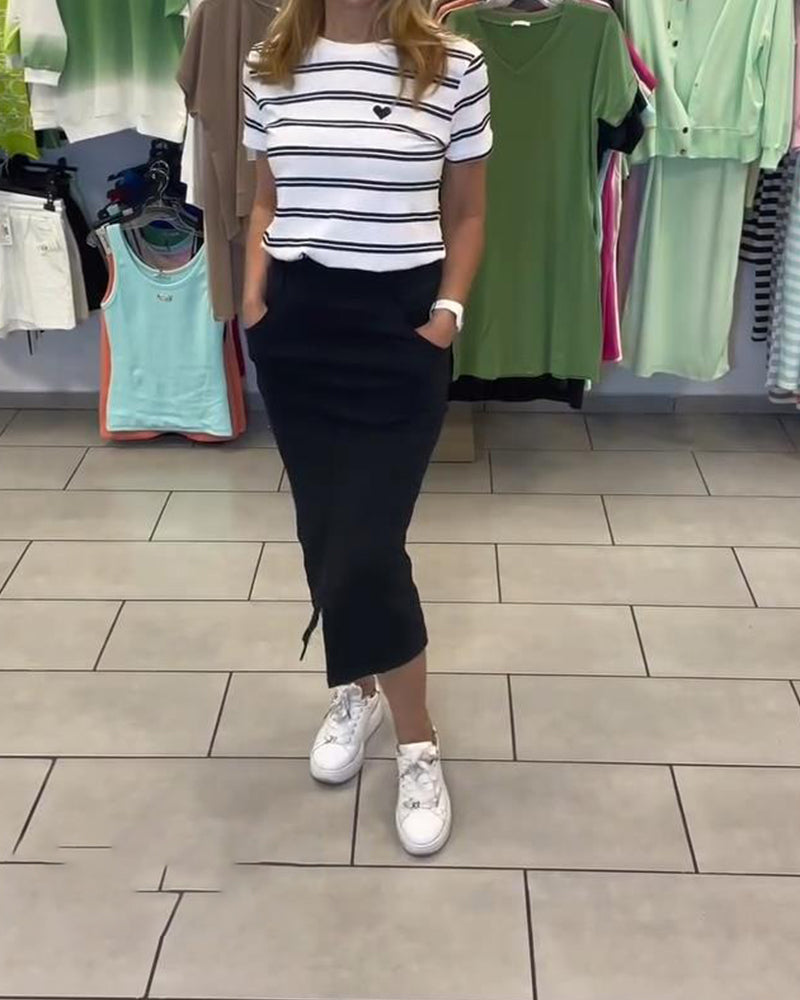 Round Neck Striped Slit Skirt Set