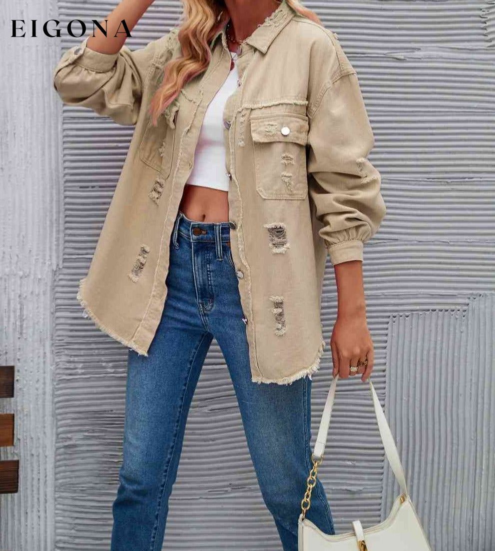 Distressed Raw Hem Denim Jacket Sand clothes LT&SB Ship From Overseas