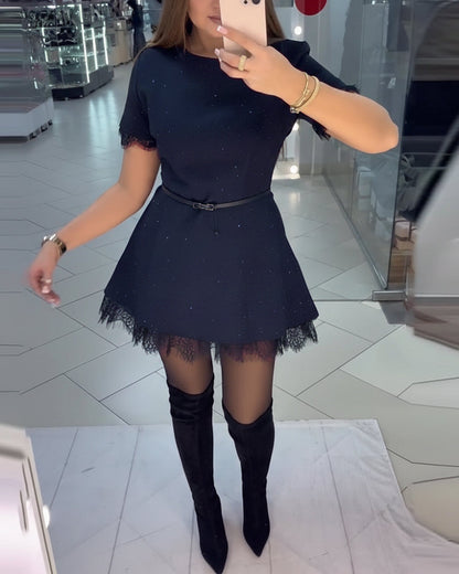 Sparkling Lace Short-Sleeve A-Line Dress