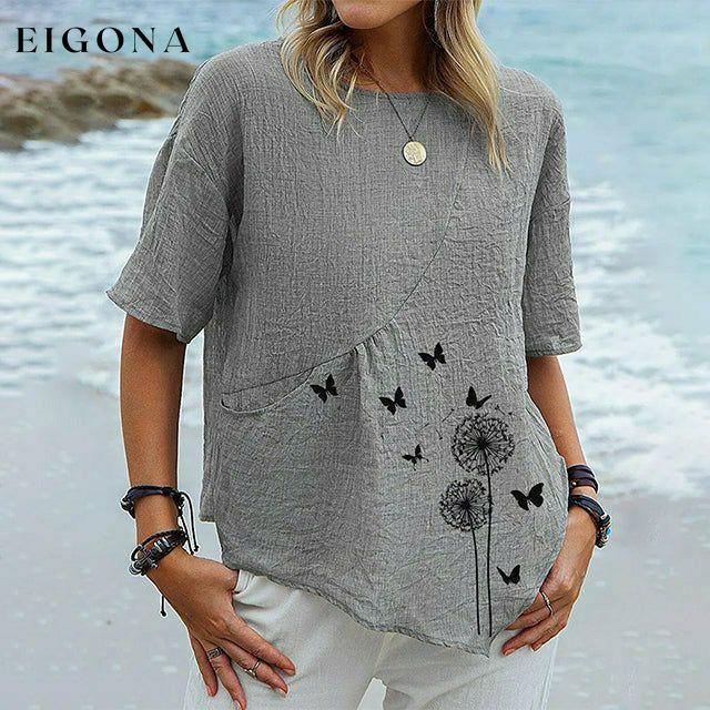 【Cotton And Linen】Butterfly And Dandelion Print T-Shirt best Best Sellings clothes Cotton and Linen Plus Size Sale tops Topseller