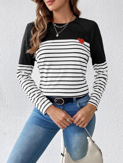 Heart Patch Striped Round Neck Long Sleeve T-Shirt Clothes long sleeve shirts long sleeve top long sleeve tops Ship From Overseas shirts top tops Tops/Blouses Z@Q