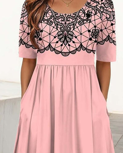 Round Neck Printed A-Line Dress