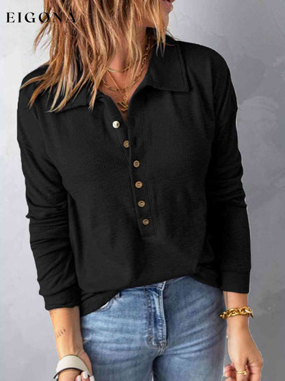 Collared Neck Half Button Top Black clothes Ship From Overseas Y@S@M