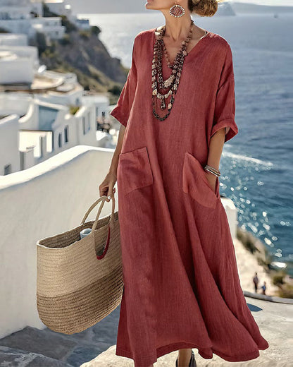 V-Neck Solid Color Midi Dress