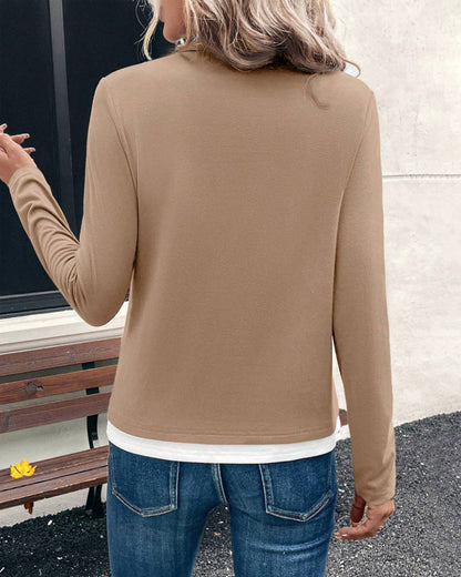 Long-Sleeved Fake Two-Piece Solid Color Top 2024 f/w blouses & shirts spring and autumn