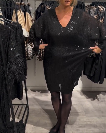 V-neck bat sleeve sequined shift dress 2024 f/w casual dresses christmas