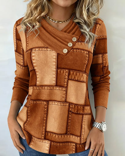V-Neck Contrast Solid Color Long-Sleeved Top