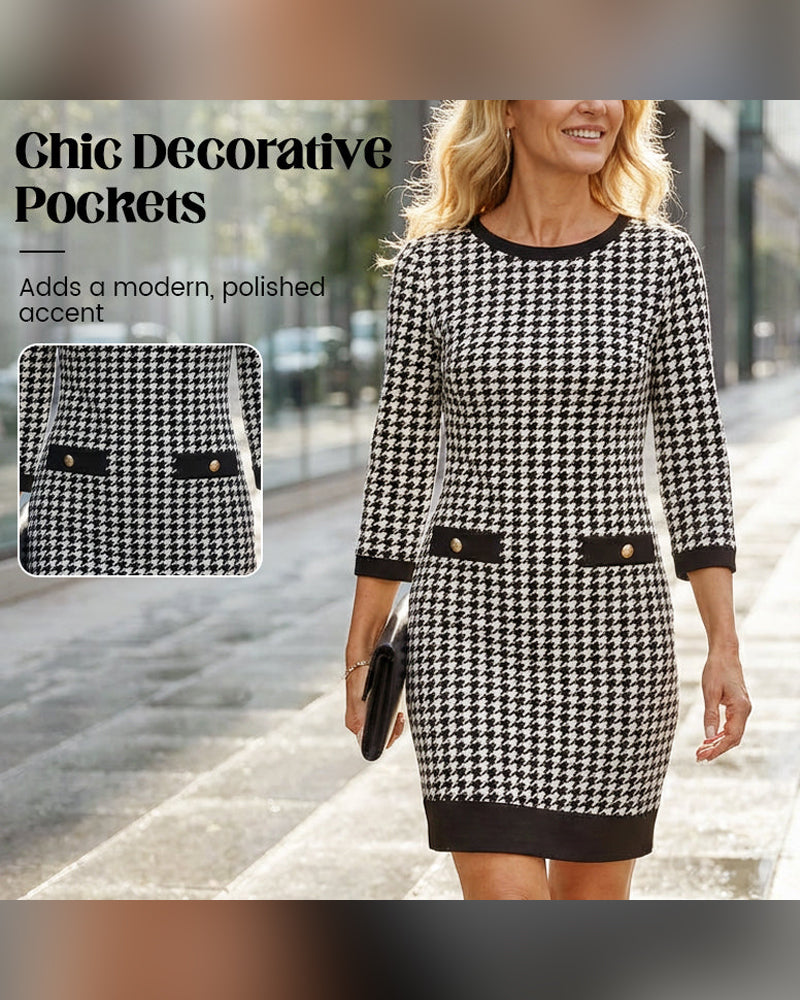 Women's Crew Neck Houndstooth Bodycon Midi Dress