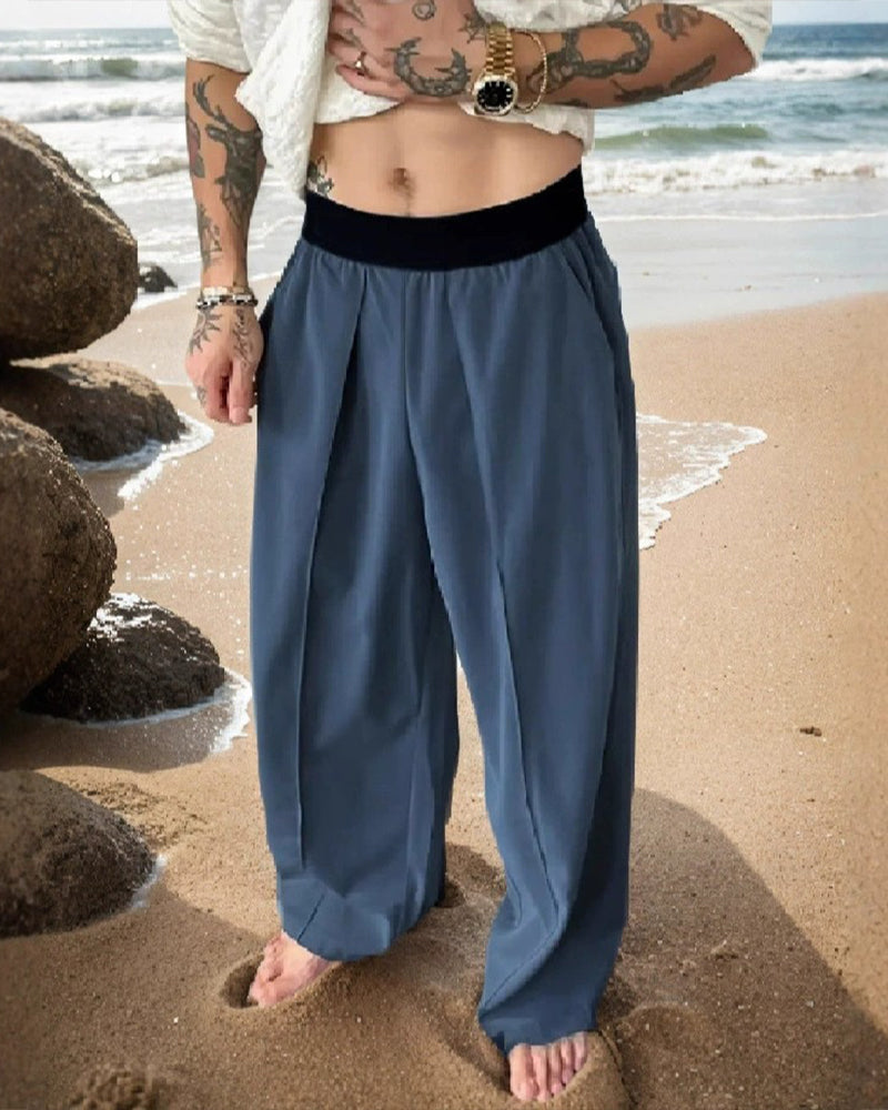 Color Block Elastic Waist Casual Pants