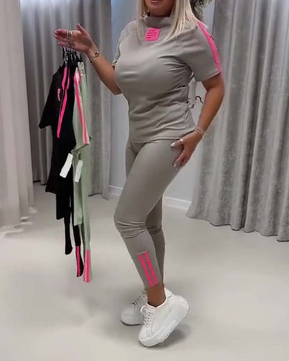 Slim Fit Double Stripe Color Block Short Sleeve Set