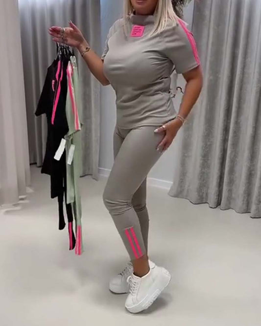 Slim Fit Double Stripe Color Block Short Sleeve Set spring summer two-piece sets