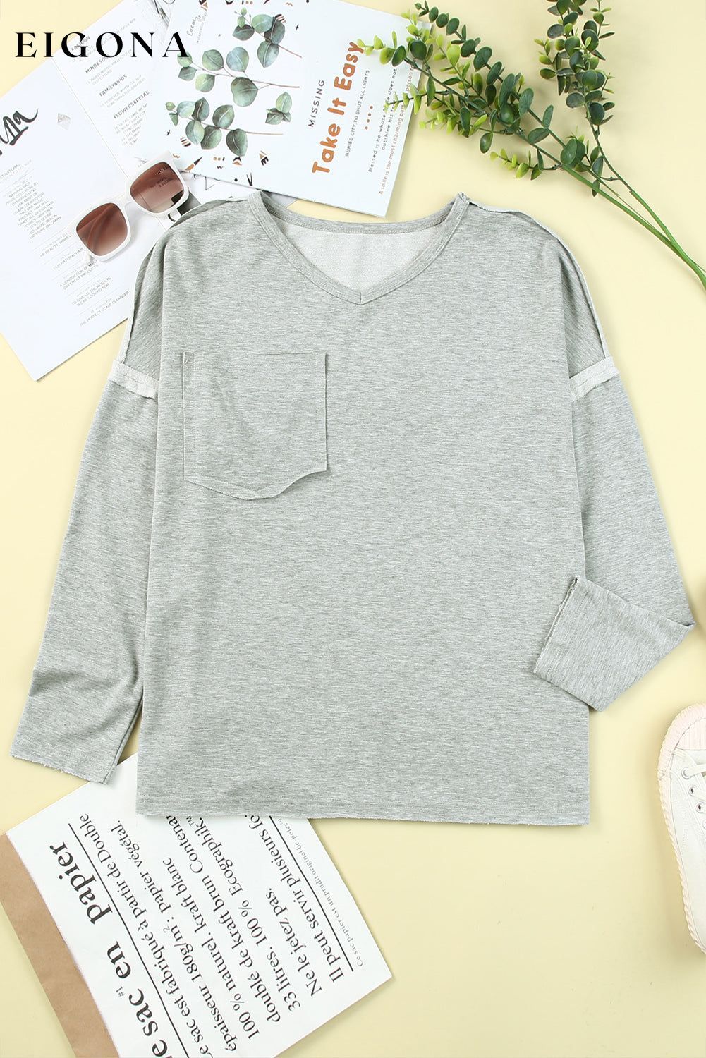 Gray Pocketed Oversized Drop Sleeve Top All In Stock clothes Craft Patchwork DL Exclusive Hot picks long sleeve shirts long sleeve top Occasion Daily Season Fall & Autumn Style Casual tops