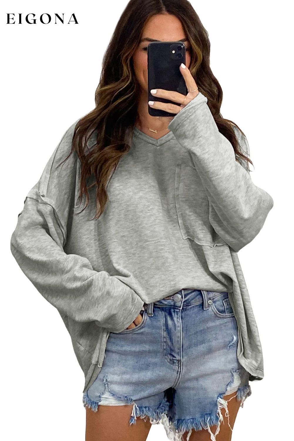 Gray Pocketed Oversized Drop Sleeve Top All In Stock clothes Craft Patchwork DL Exclusive Hot picks long sleeve shirts long sleeve top Occasion Daily Season Fall & Autumn Style Casual tops