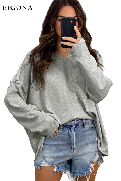 Gray Pocketed Oversized Drop Sleeve Top All In Stock clothes Craft Patchwork DL Exclusive Hot picks long sleeve shirts long sleeve top Occasion Daily Season Fall & Autumn Style Casual tops