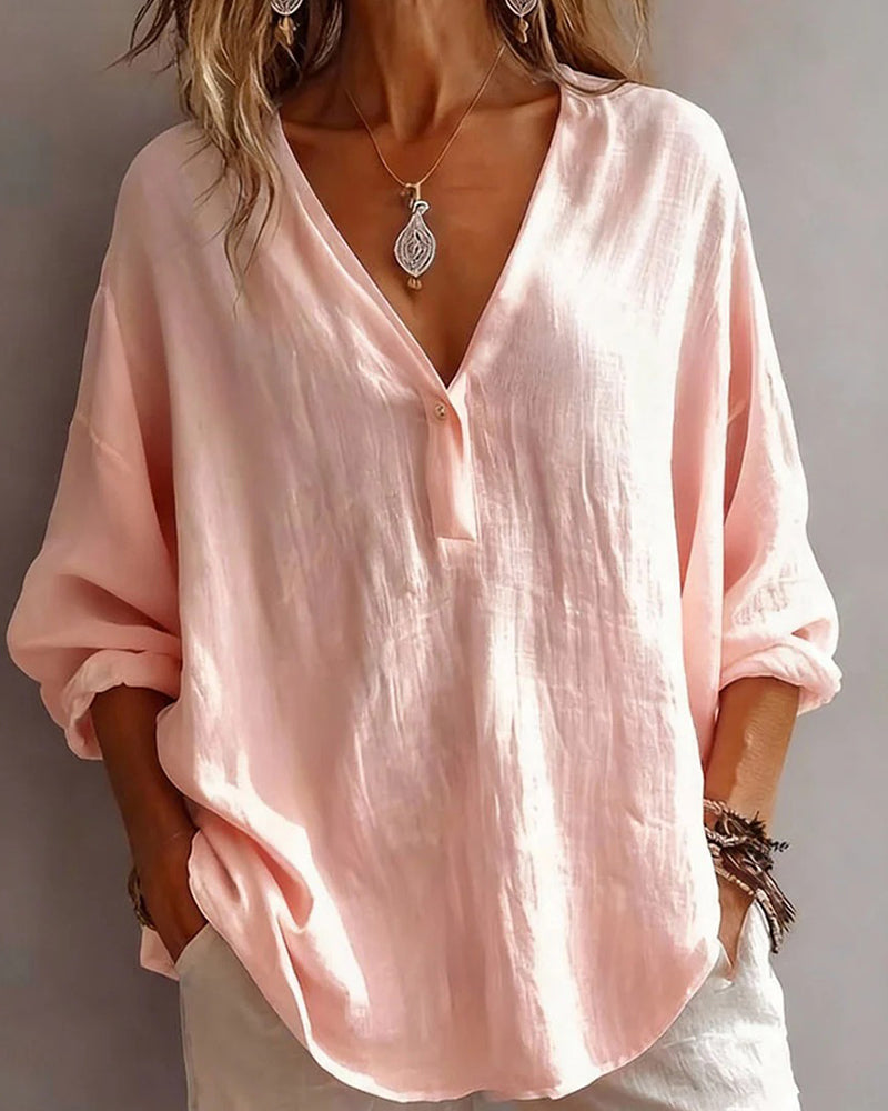 Deep V-Neck Button Half-Placket Linen Blouse