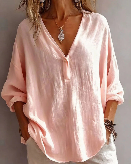 Deep V-Neck Button Half-Placket Linen Blouse