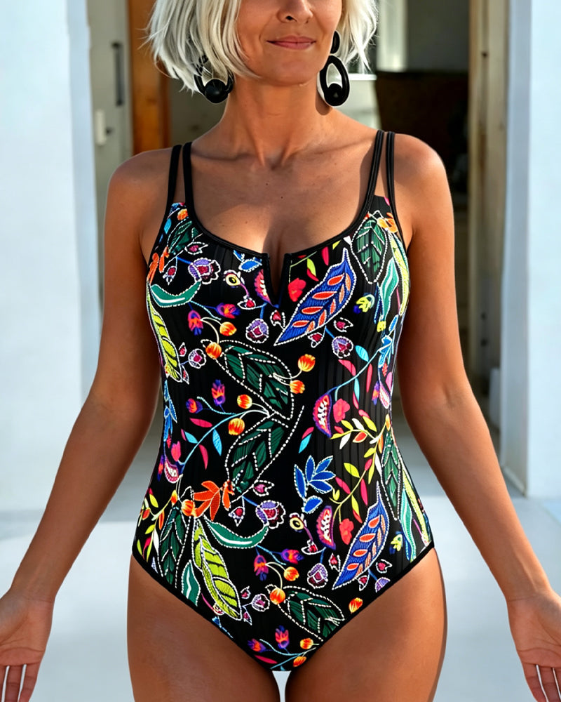 Floral High Waist Double Thin Strap One Piece