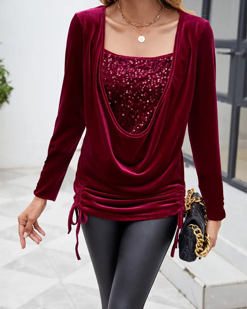 Sequined Velvet Drawstring Long Sleeve Top