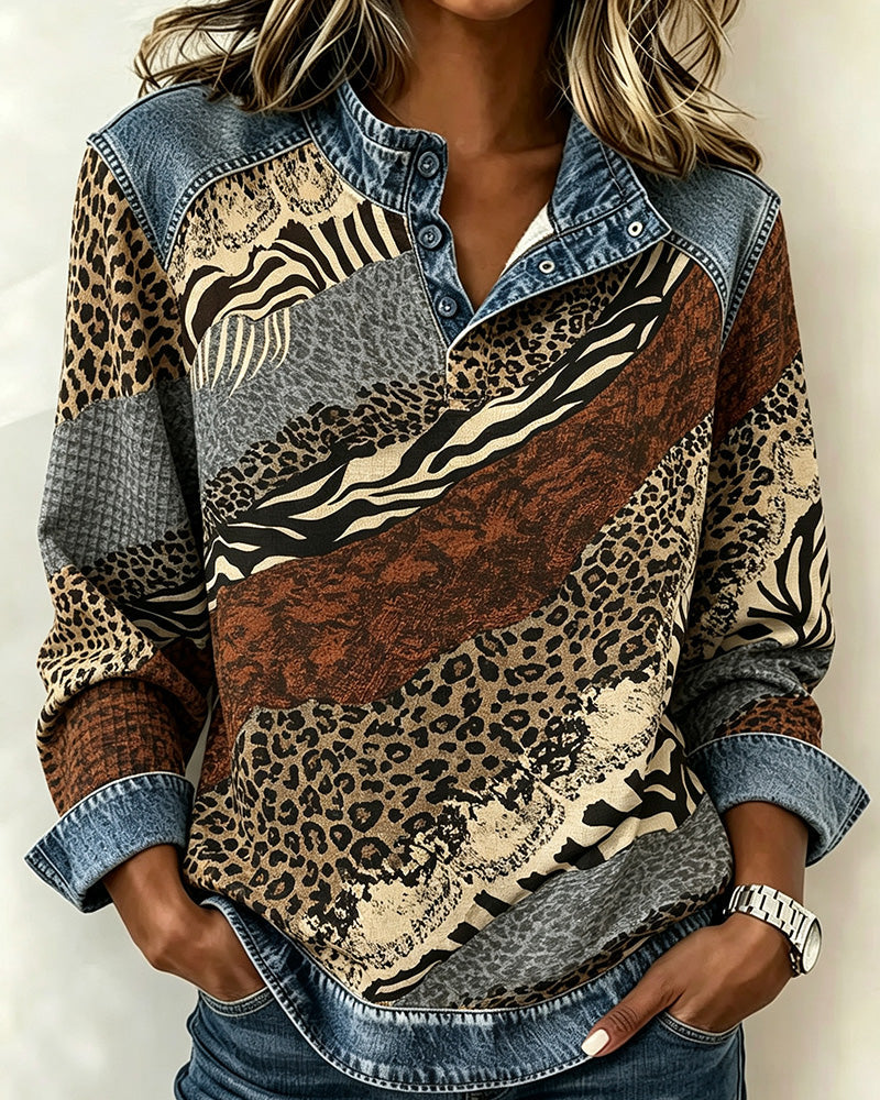 Patchwork Leopard Button Blouse 2024 f/w blouses & shirts spring