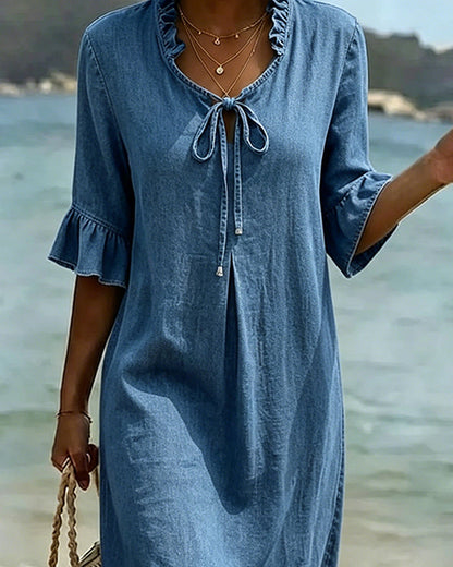 Ruffled Tie-Waist Denim Dress