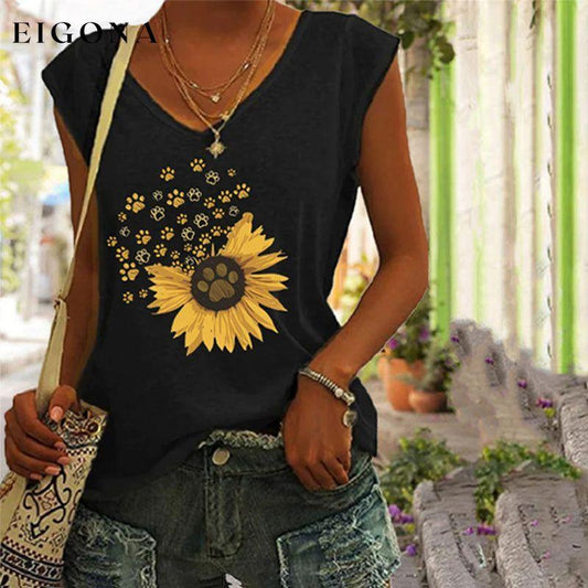 【100% Cotton】Cat Paw And Daisy Print Tank Top Black 100% Cotton best Best Sellings clothes Plus Size Sale tops Topseller