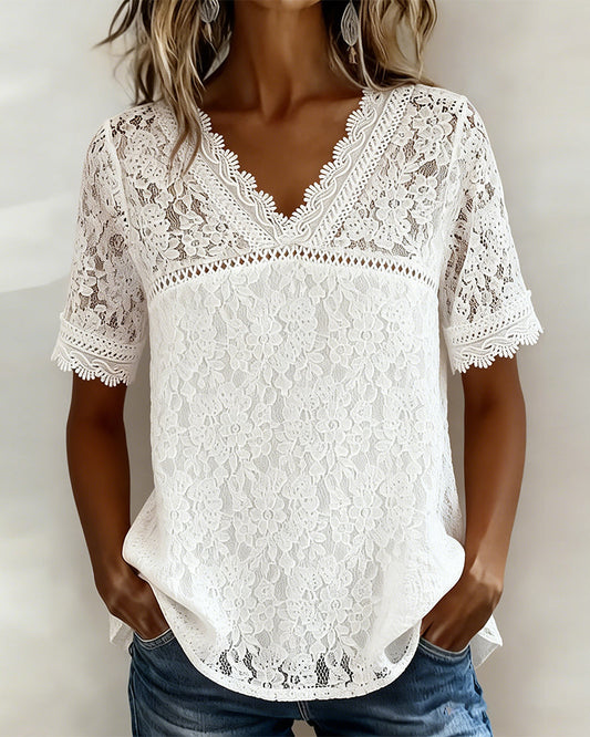 Solid Color Short Sleeve Lace Blouse blouses & shirts spring summer