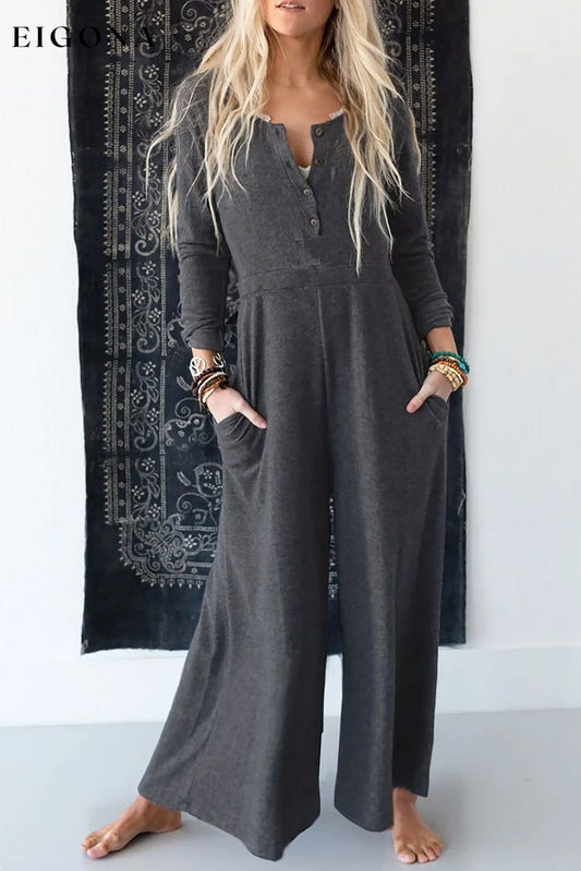 Gray Button Long Sleeve Wide Leg Jumpsuit Gray 85%Polyester+10%Cotton+5%Elastane clothes EDM Monthly Recomend Jumpsuit long sleeve jumpsuit lounge wear loungewear Occasion Daily Print Solid Color Season Fall & Autumn Silhouette Wide Leg Style Casual