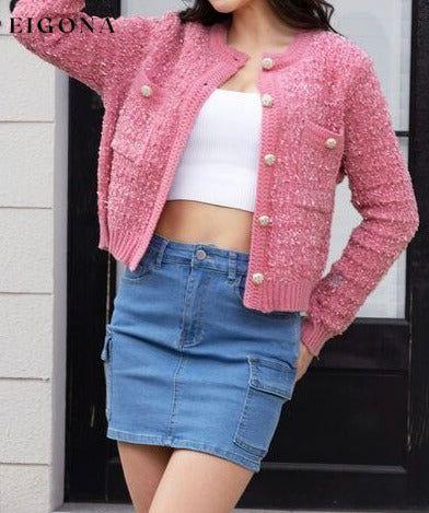 Button Up Round Neck Cardigan Hot Pink clothes Jackets & Coats Ship From Overseas womens shoes Y*X