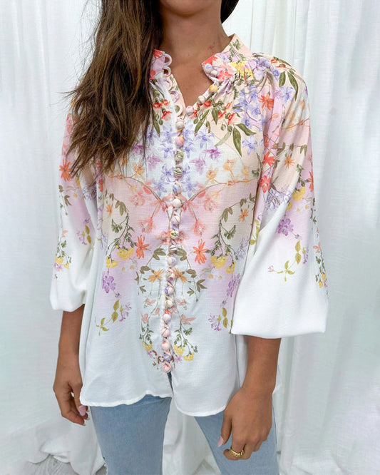 Floral print lantern sleeve button blouse 202466 blouses & shirts spring summer