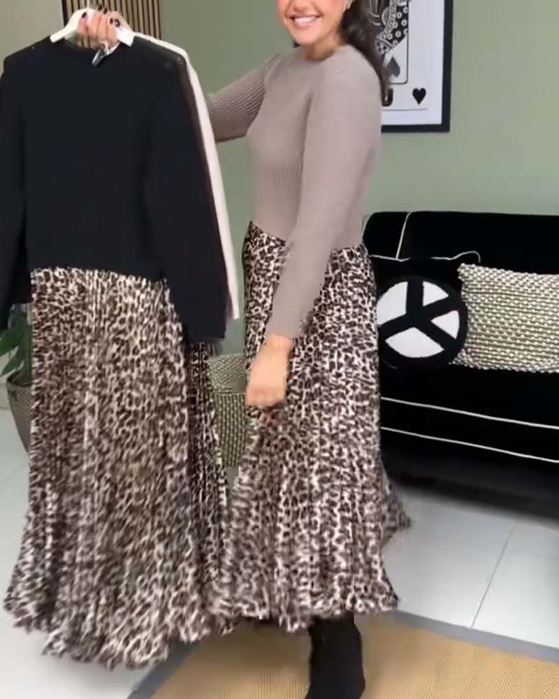 Knitted Sweater With Leopard Print Dress 2024 f/w casual dresses