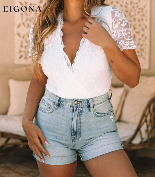 White Lace Scalloped V Neck Wrap Short Sleeve Bodysuit White 95%Polyester+5%Elastane clothes DL Exclusive Fabric Lace Occasion Night Out Print Solid Color Season Summer shirt short sleeve bodysuit Style Feminine top