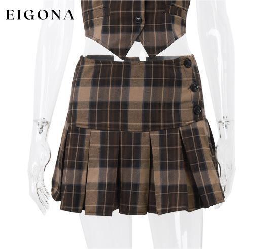 Sexy Two Piece Suit Summer Sexy Retro Plaid Vest Graceful Pleated Skirt Set Brown Skirt 2 pieces bottoms clothes sets skirt set skirts