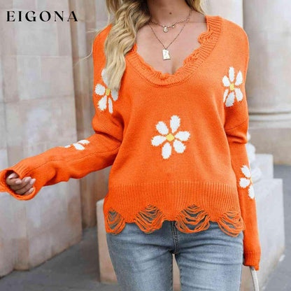 Flower Distressed Long Sleeve Sweater Pumpkin clothes Ship From Overseas X.X.W