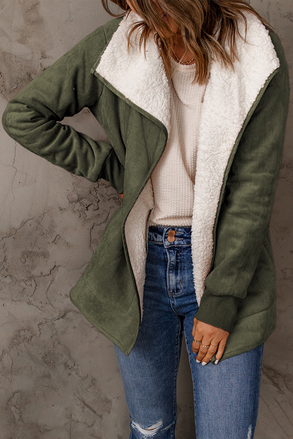 Green Faux Suede Fleece Lined Open Front Jacket clothes Color Green DL Chic DL Exclusive Fabric Fleece Jackets & Coats Occasion Daily Print Solid Color Season Winter Style Casual