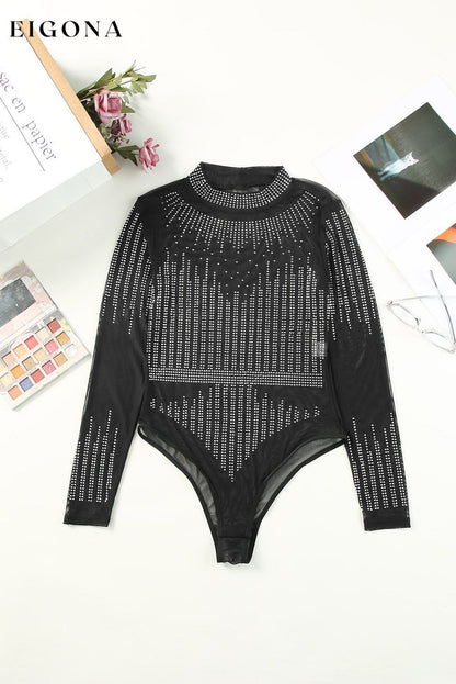 Black Rhinestone Sheer Mesh Long Sleeve Bodysuit All In Stock bodysuit bodysuits clothes clothing Craft Rhinestone DL Exclusive Early Fall Collection Fabric Sheer long sleeve shirts long sleeve top Occasion Night Out Occasion Rock & Music Print All Over Season Summer Style Feminine top