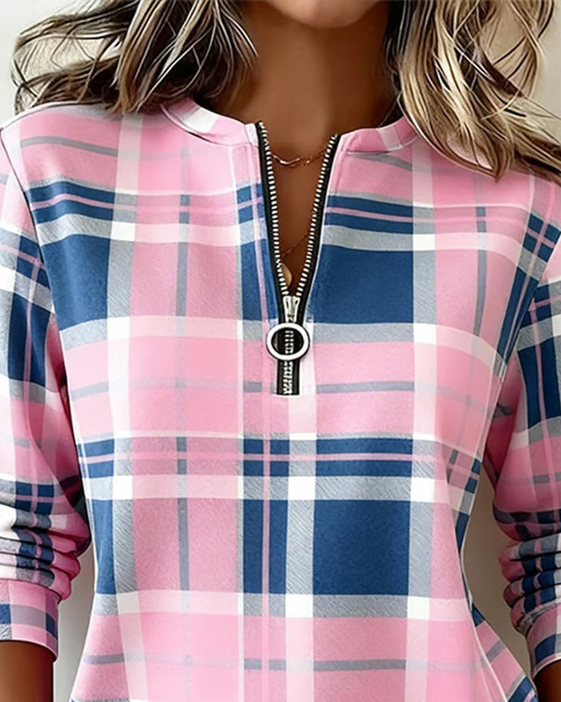Half-Zip Plaid Long-Sleeved Sweatshirt