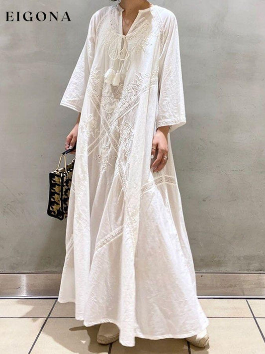 Women's Vintage Embroidered Casual Loose Long Dress cotton linens