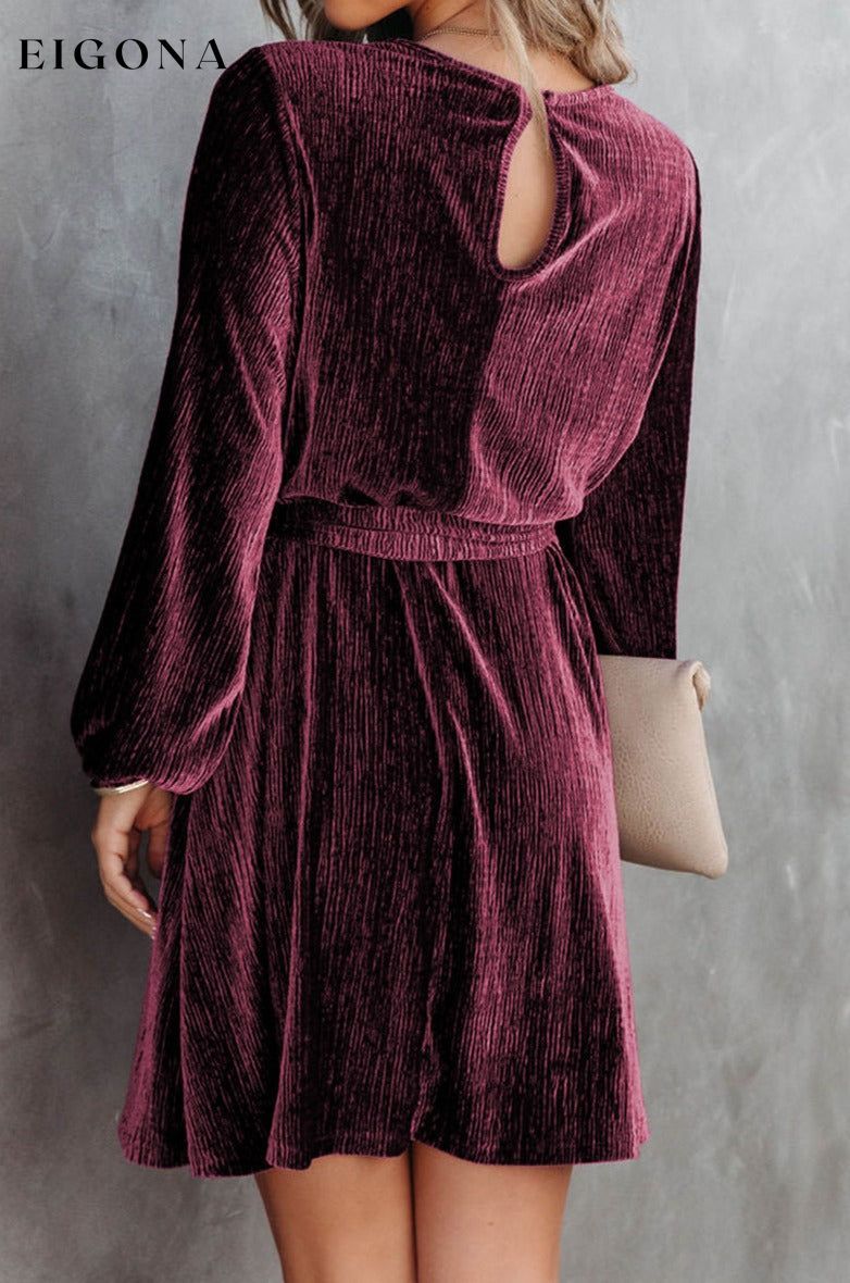 Fiery Red Tie Waist Crinkle Velvet Dress casual dress casual dresses clothes Color Purple dress dresses Fabric Velvet long sleeve dresses Occasion Daily Print Solid Color Season Winter short dresses Silhouette A-Line Style Elegant