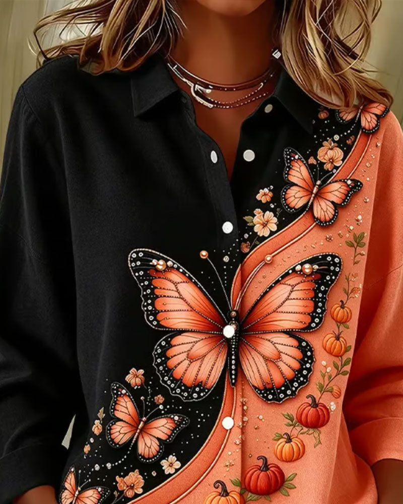 Color-Block Butterfly Print Lapel Shirt 2024 f/w blouses & shirts spring