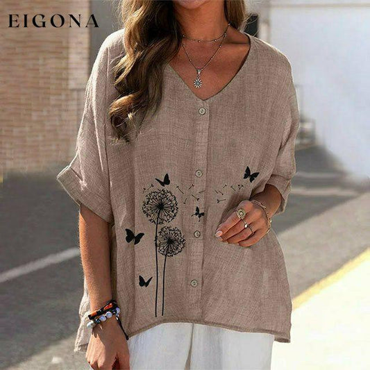 Dandelion Print Casual Shirt Brown best Best Sellings clothes Plus Size Sale tops Topseller