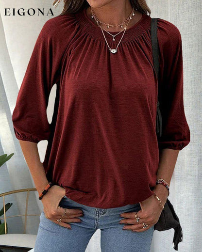 Crew Neck 3/4 Sleeve T-Shirt Burgundy 2022 f/w 23BF blouses & shirts clothes Short Sleeve Tops Spring summer t-shirts Tops/Blouses