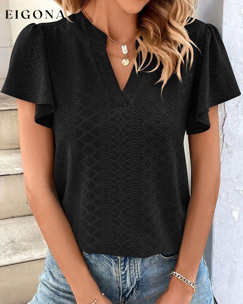 V-neck Ruffle Sleeve T-shirt Black 23BF clothes Short Sleeve Tops Spring Summer T-shirts Tops/Blouses