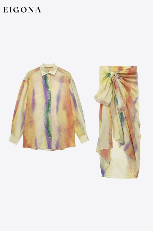 Tie-Dye Long Sleeve Shirt and Tied Skirt Set Multicolor 2 pieces clothes Dragon-L long sleeve shirts long sleeve top long sleeve tops midi skirts set sets Ship From Overseas Shipping Delay 10/01/2023 - 10/03/2023 shirt shirts skirt skirts top tops