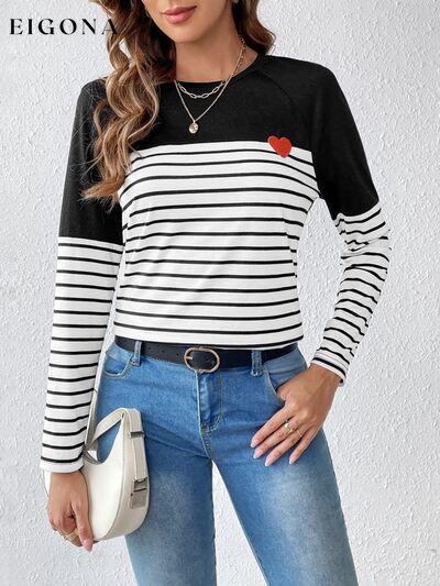 Heart Patch Striped Round Neck Long Sleeve T-Shirt Black Clothes long sleeve shirts long sleeve top long sleeve tops Ship From Overseas shirts top tops Tops/Blouses Z@Q
