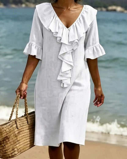 V-Neck Ruffle Shift Dress