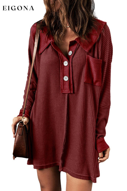 Red Waffle Knit Buttoned Long Sleeve Top clothes Color Red DL Chic DL Exclusive Fabric Waffle Knit long sleeve top long sleeve tops Occasion Daily Print Solid Color Season Fall & Autumn shirt shirts Style Casual top tops