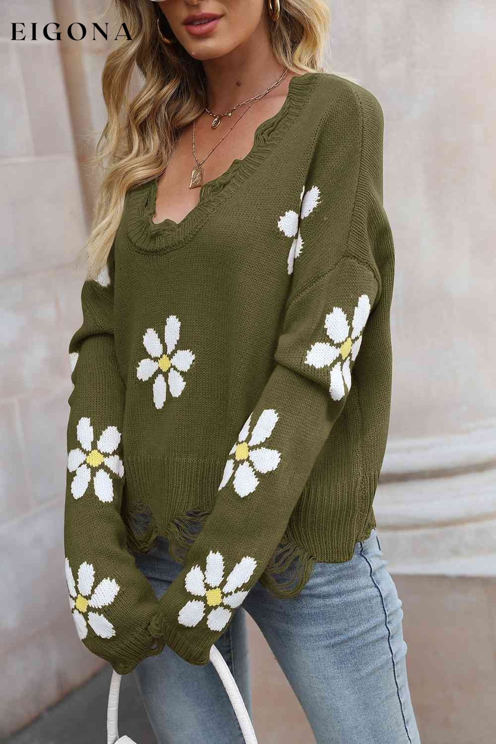 Flower Distressed Long Sleeve Sweater clothes Ship From Overseas X.X.W